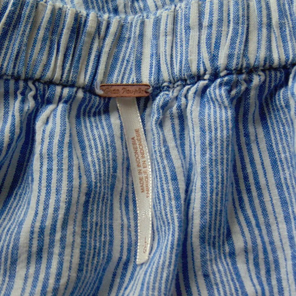 Free People Blue Striped Hello There Linen Tie Front Off Shoulder Top L - Picture 9 of 10